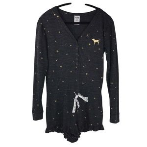 Medium Victoria's Secret Pink Gold Star Long Sleeve Shorts Romper Pajama…